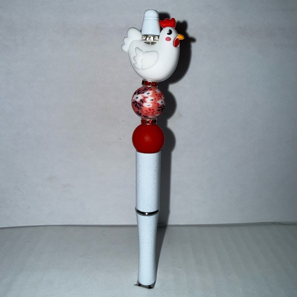 Handmade Beaded Chicken Pen-White Silicone 3D chicken with red silicone beads